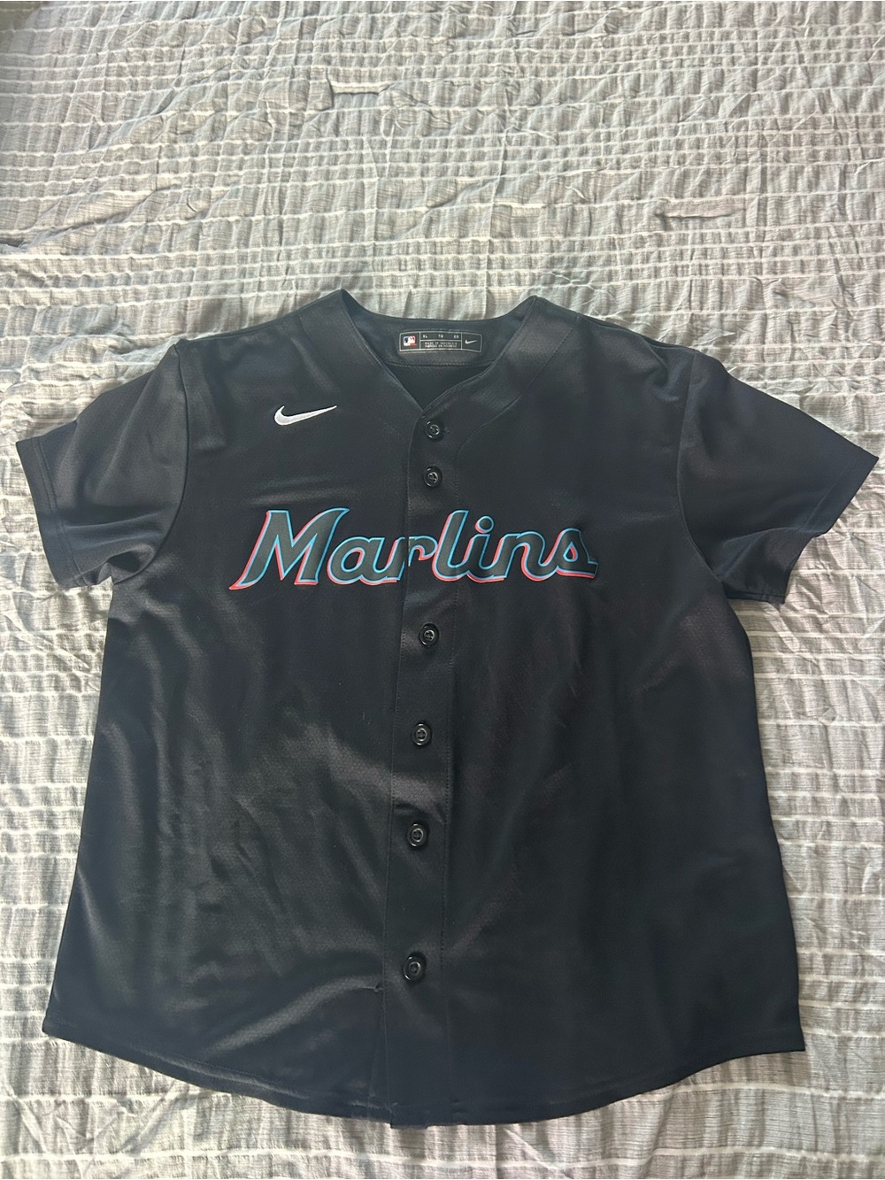 Nike Black Marlins Button-Up Jersey with Teal and Pink Script
